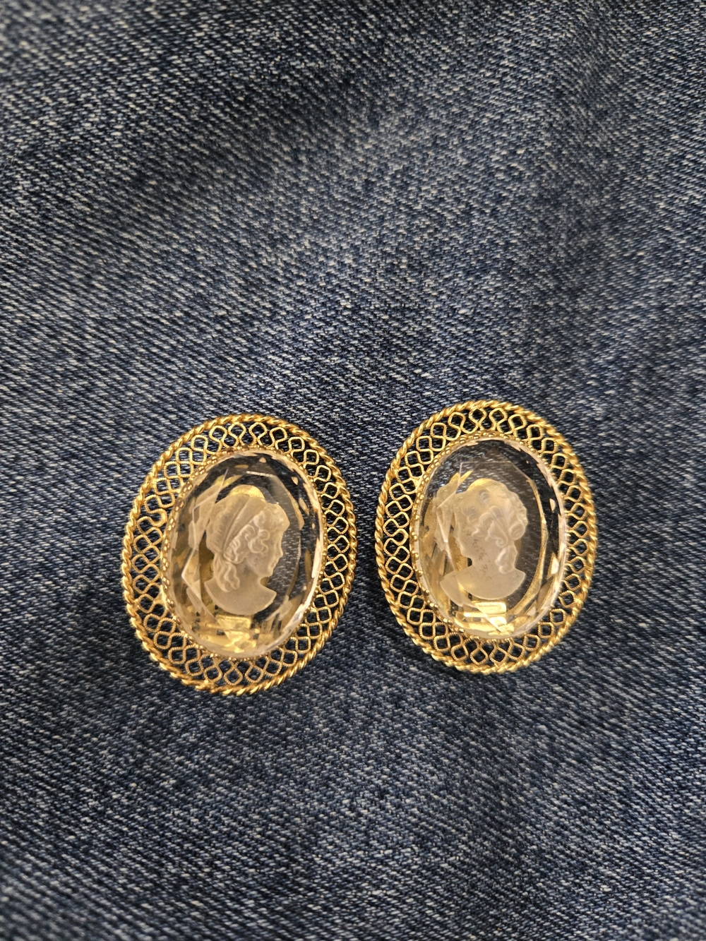 Vintage Whiting & Davis Gold Cameo Oval Clip-On Earrings (Signed)